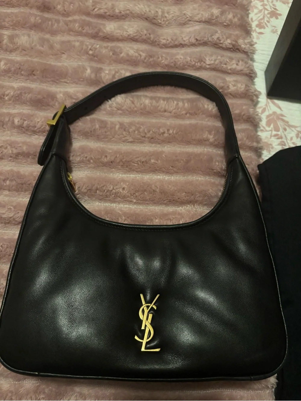Saint Laurent Black Leather Hobo Bag with Gold YSL Emblem